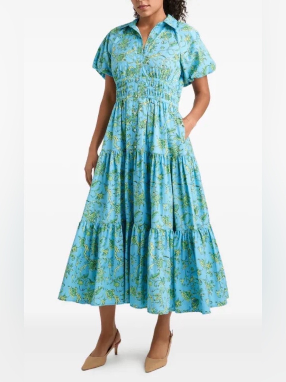 cinq a sept Blue Floral Puff-Sleeve Tiered Maxi Dress